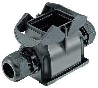Šedý plastový kryt s kabelovými vývodkami na obou stranách a obdélníkovým otevřeným prostorem nahoře, pravděpodobně pro elektrické aplikace.