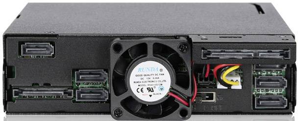Serverový diskový box s viditelnými rozhraními a malým ventilátorem vpředu, určený pro připojení a chlazení pevných disků.