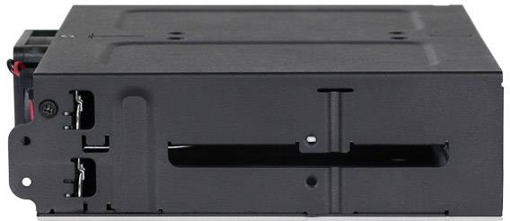 Černý kovový adaptér pro montáž dvou 2,5palcových HDD nebo SSD do 3,5palcového oddílu. Obsahuje montážní otvory pro šrouby.