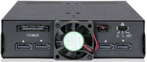 Diskové pouzdro s několika SATA připojeními a ventilátorem pro chlazení, vhodné pro instalaci do počítače.