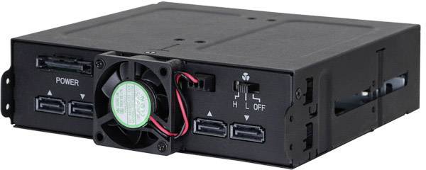 Černá počítačová skříň s integrovaným ventilátorem a několika USB porty na přední straně.