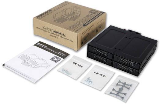 Obal ICY BOX pro diskové úložiště obsahující návod, montážní materiál a pouzdro pro čtyři 2,5palcové pevné disky.