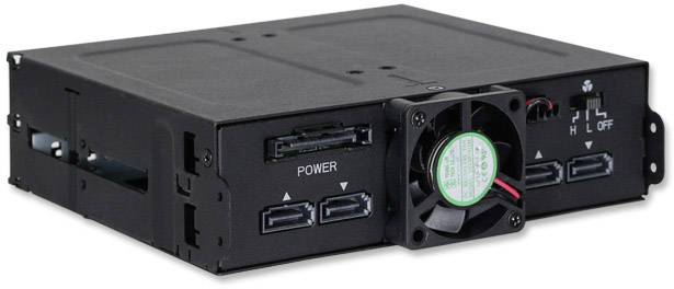 Černý vnitřní rámeček na pevný disk s ventilátorem a čtyřmi přípojkami, určený k instalaci do počítačové skříně, optimalizovaný pro chlazení.