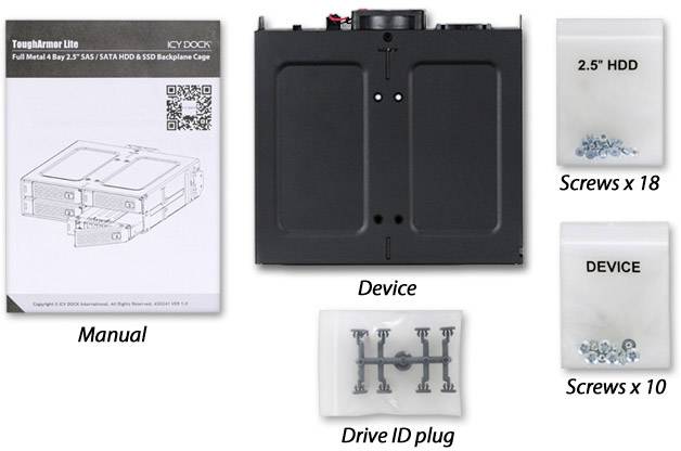 Sada 'ToughArmor Lite' Hardware: Příručka, zařízení pro uchycení pevného disku, šrouby pro 2,5" HDD a zařízení, konektor Drive-ID.