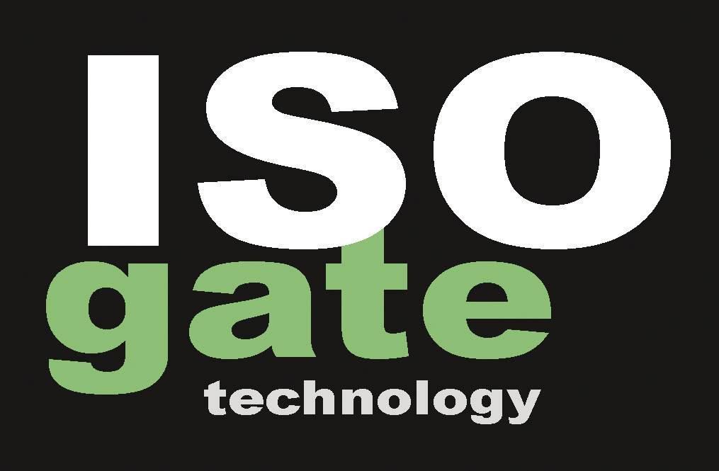 Nápis 'ISO gate technology' je zobrazen velkými bílými a zelenými písmeny na černém pozadí.