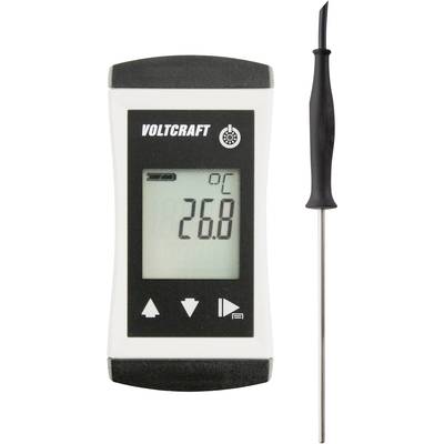 Digitální teploměr s displejem zobrazujícím '26,8 °C' a připojenou kovovým snímačem pro měření teploty.