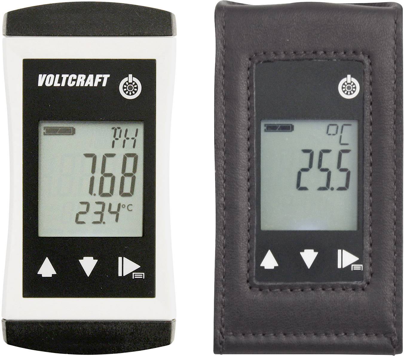 Digitální měřicí přístroj ukazuje 'pH 7,68 23,4 °C', druhý displej zobrazuje '25,5 °C'. Zařízení pro měření pH a teploty.
