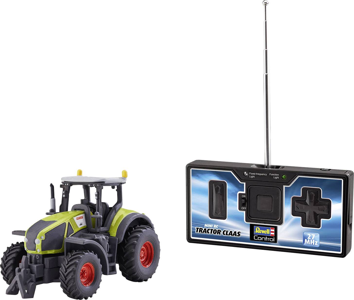 Hračkový traktor na dálkové ovládání, vlevo, zeleno-černý s červenými koly; vpravo, obdélníkové dálkové ovládání s anténou.