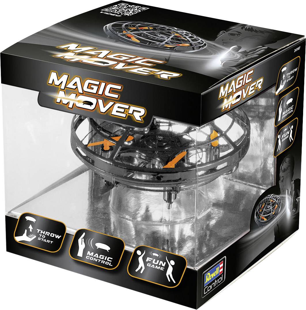 Balení s černou a oranžovou létající koulí s nápisem 'Magic Mover'. Funkce: 'Throw Start', 'Magic Control', 'Fun Game'.