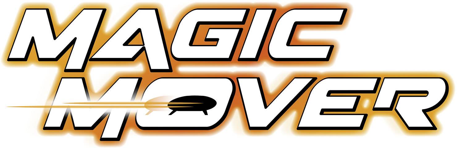 'Magic Mover' logo s moderním typografickým stylem a dynamickým liniovým designem, který symbolizuje rychlost a inovaci.