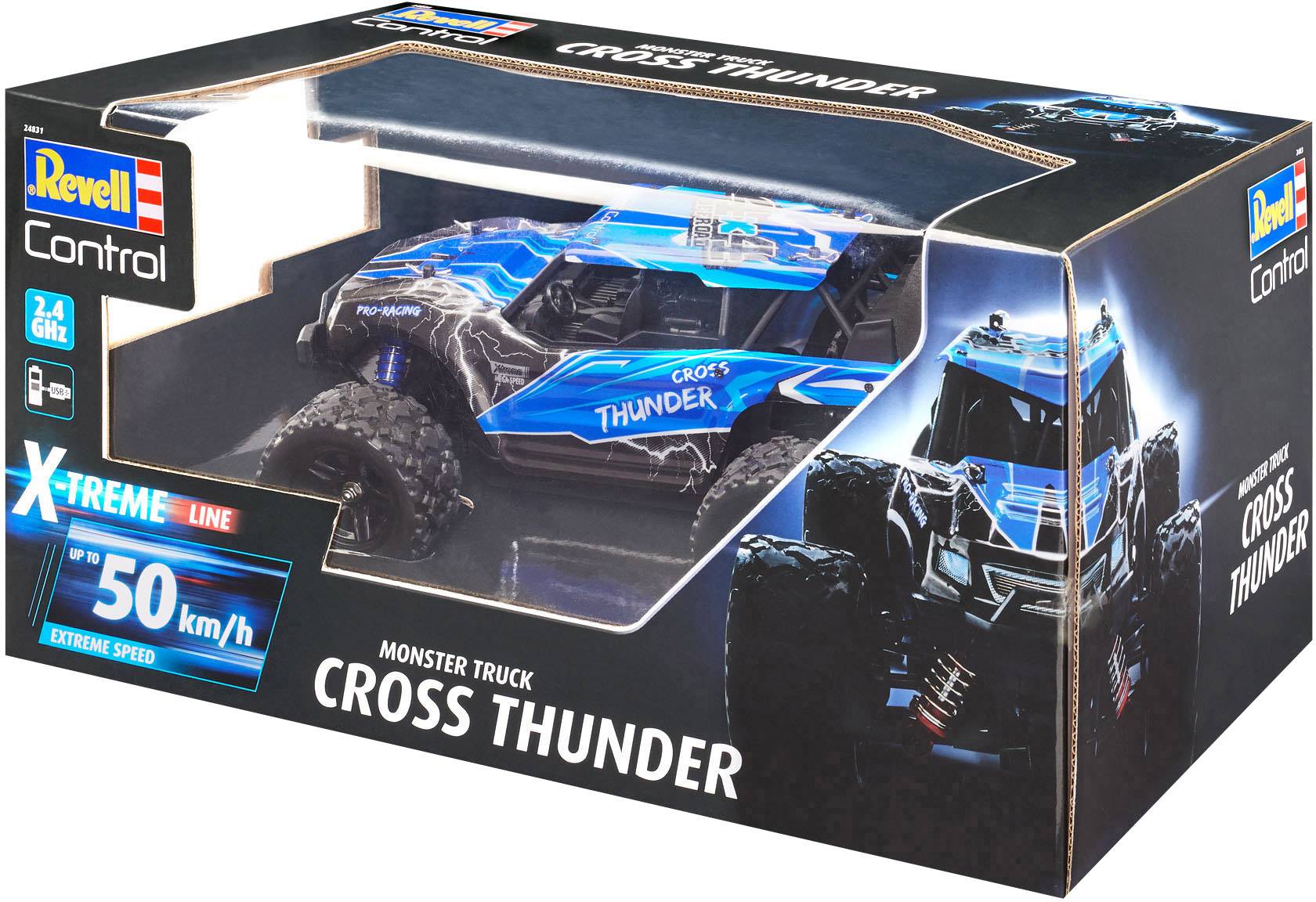 Balení modrého Revell monster trucku 'Cross Thunder', ovládání pomocí 2,4 GHz, rychlost až 50 km/h, vhodné od 8 let.