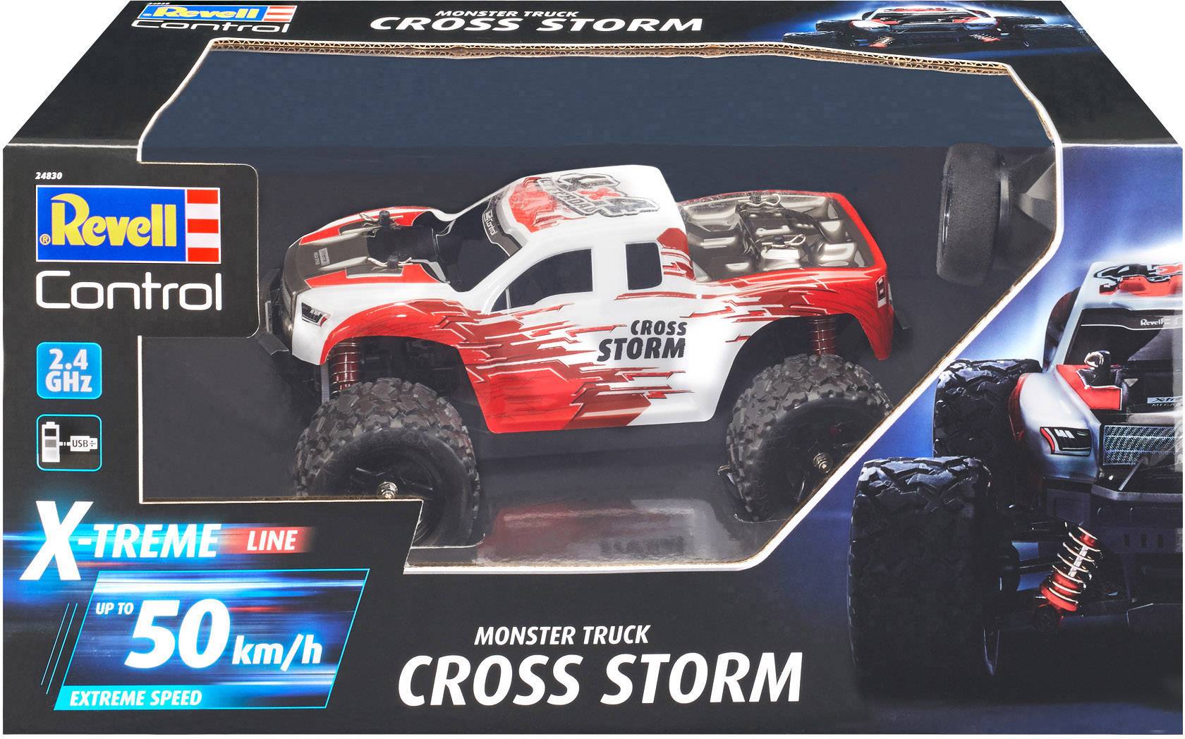 Monster Truck 'Cross Storm' od Revell, červeno-bílý design, na dálkové ovládání, rychlost až 50 km/h, ovládání přes 2,4 GHz.