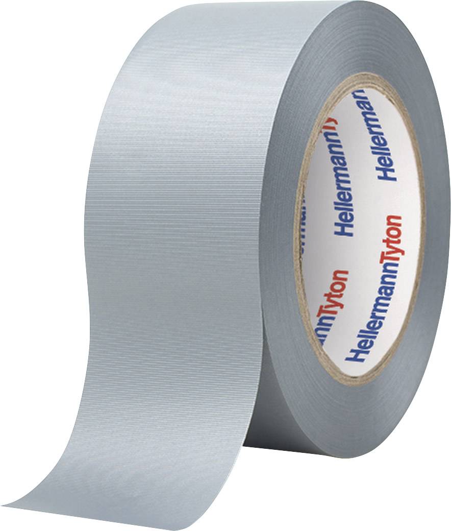Šedý váleček textilní pásky značky HellermannTyton, částečně odvinutý, před neutrálním pozadím.
