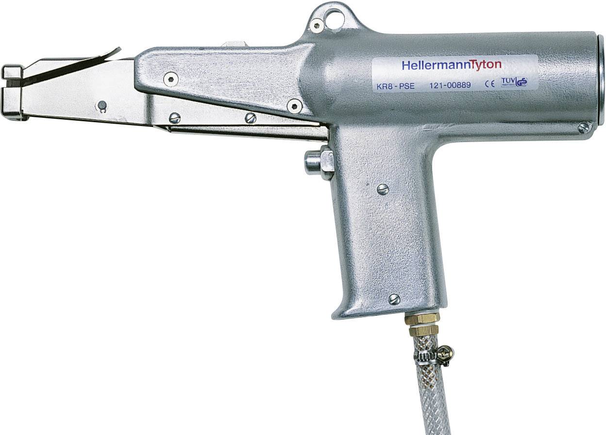 Ruční nástroj pro upevňování kabelových spon, šedo-metalické barvy s rukojetí a hadicovou jednotkou na spodní straně.