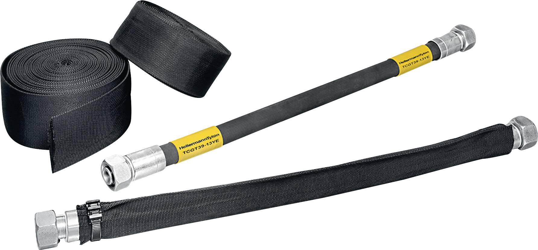 Hadice s černým ochranným pláštěm a připojovacími díly, vedle navinutý ochranný plášť. Vhodné pro hydraulické aplikace.