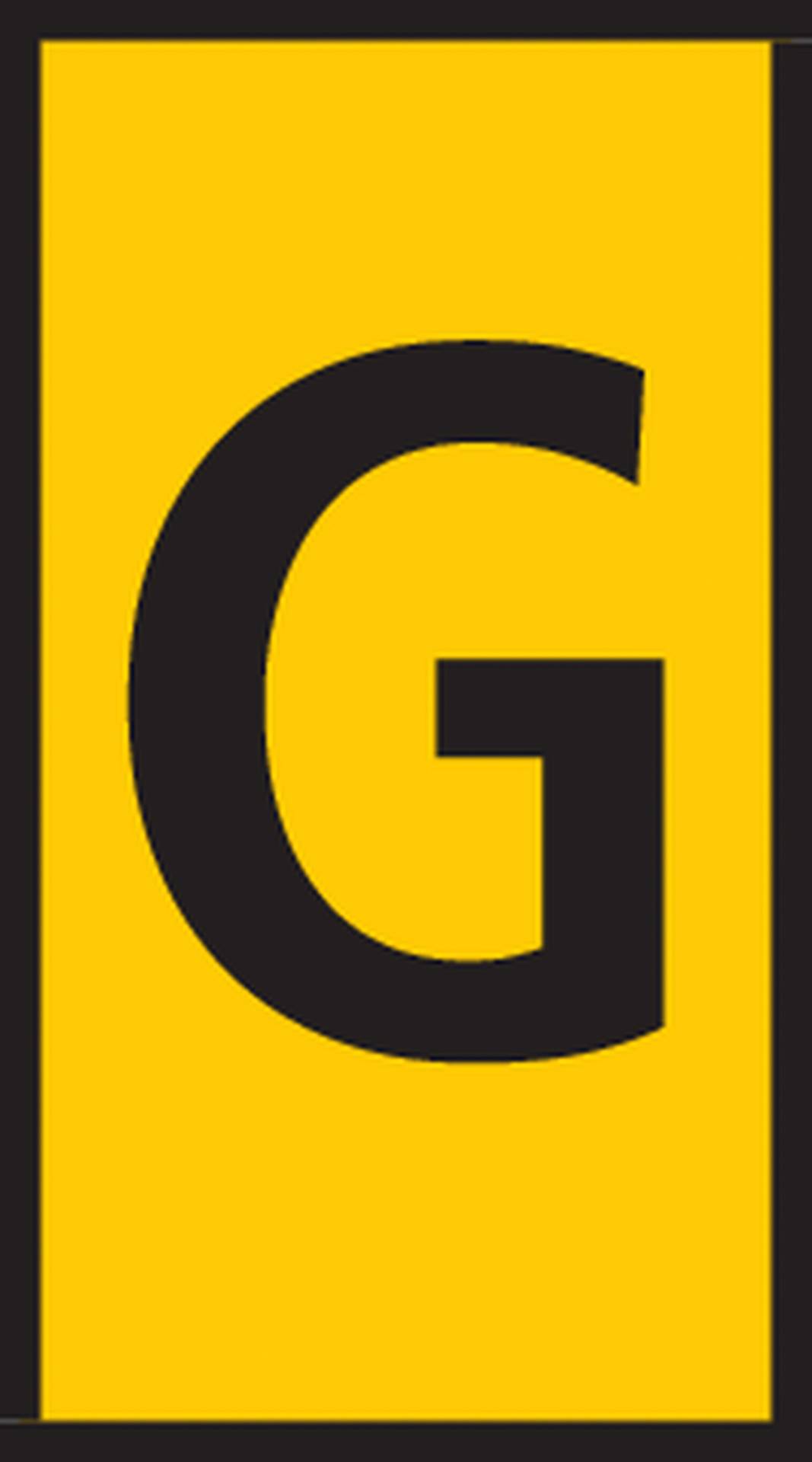 Žlutý obdélníkový znak s velkým černým písmenem 'G' uprostřed.