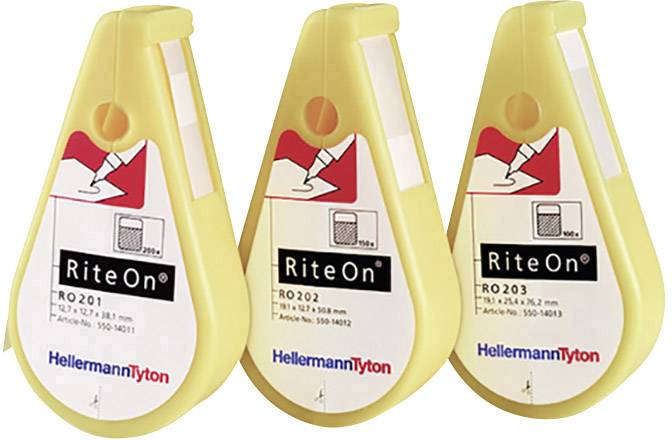 Tři žluté dávkovače štítků s nápisem 'RiteOn'. Každá jednotka zobrazuje symboly pro popisování kabelů.