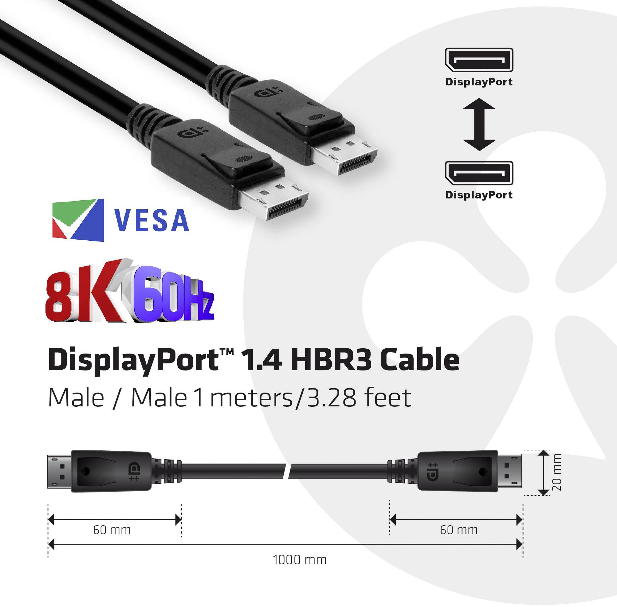 DisplayPort 1.4 HBR3 kabel. Dva typy konektorů, délka 1 metr. Podporuje VESA, 8K při 60 Hz. Vhodný pro audio a video připojení.