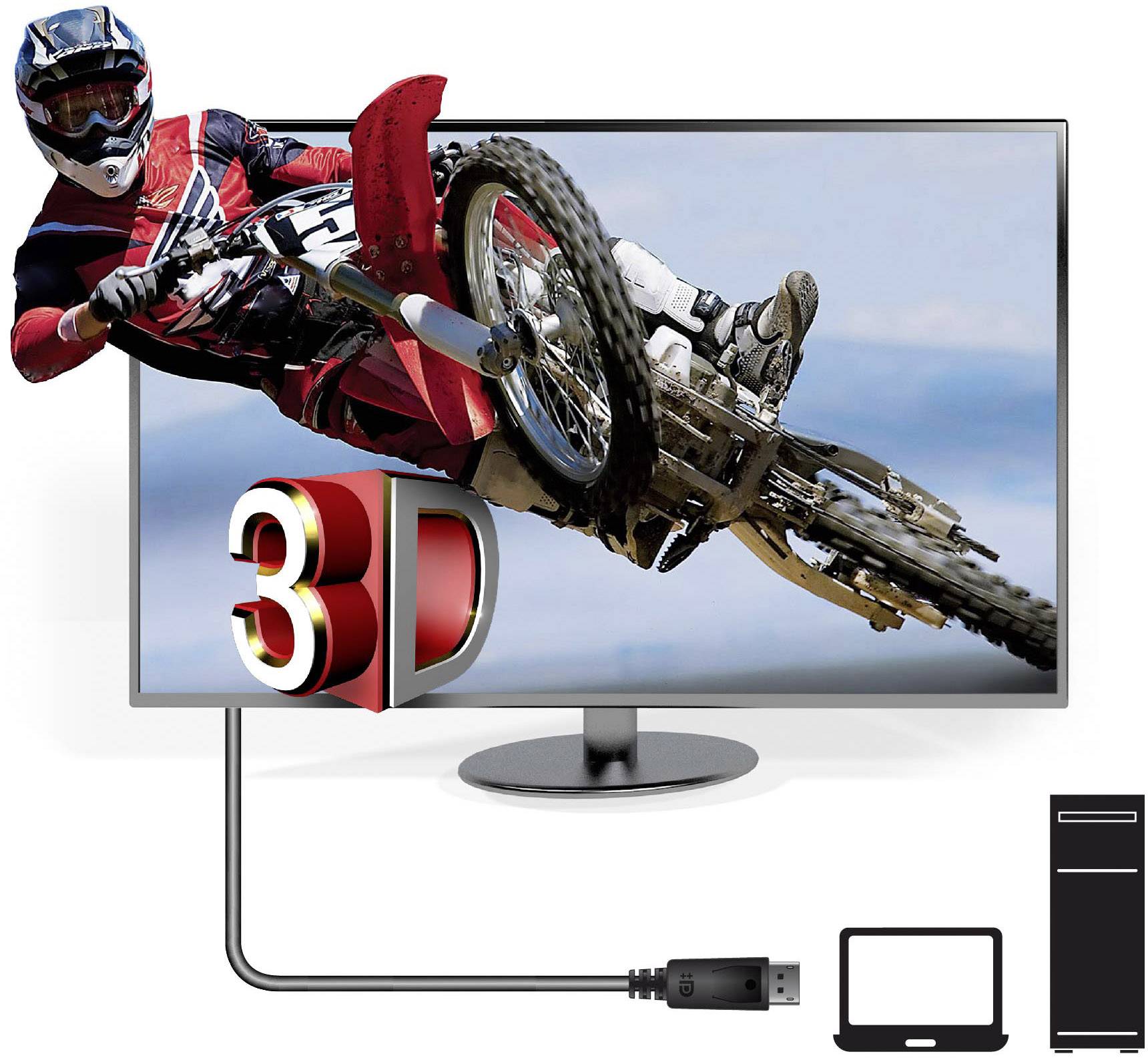 Motocyklista vyskakuje z 3D televize. Symbol 3D technologie. Zobrazeny propojovací kabely k počítači.