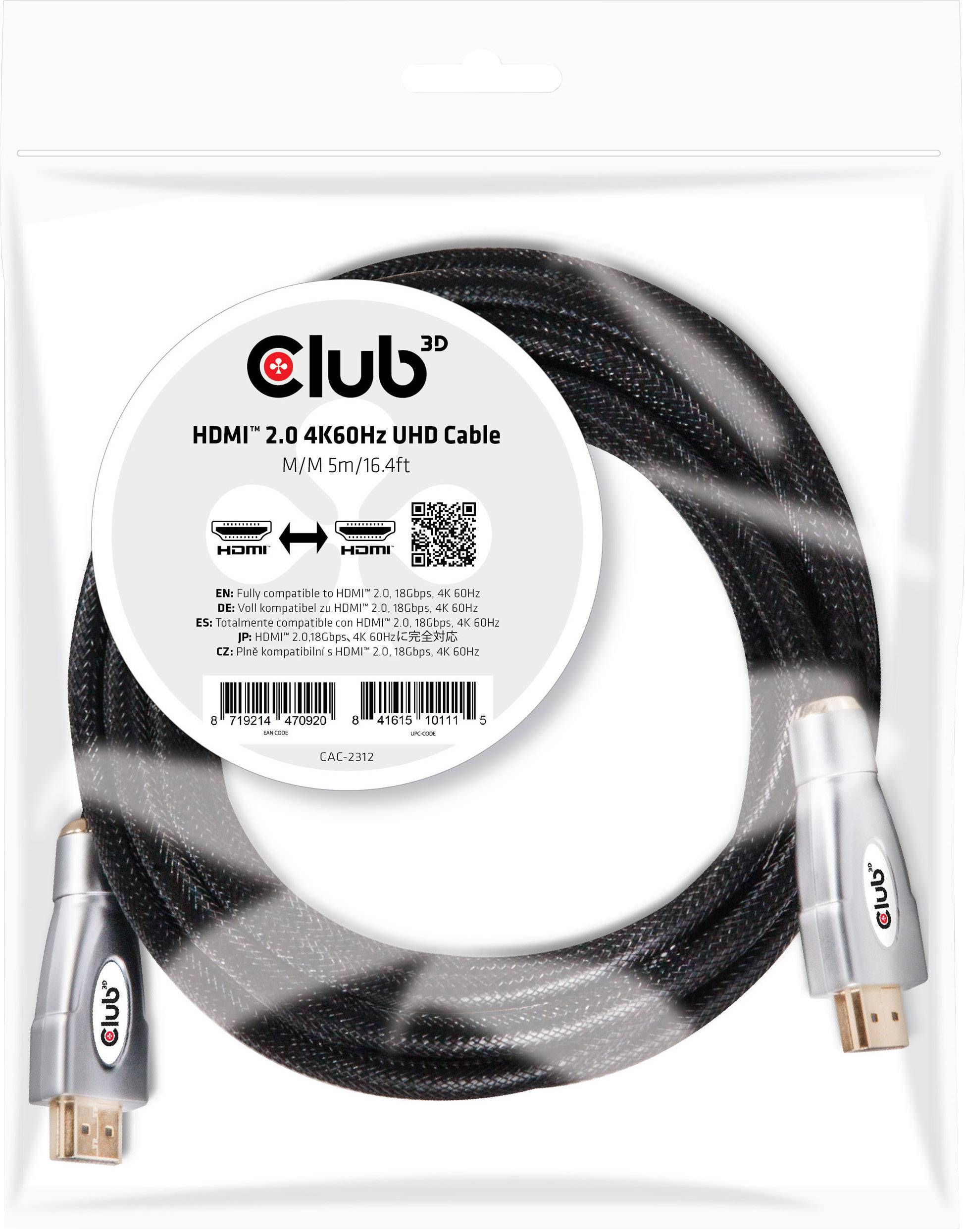 Černý HDMI 2.0 kabel se stříbrnými konektory v průhledném obalu, vhodný pro 4K60Hz UHD připojení.