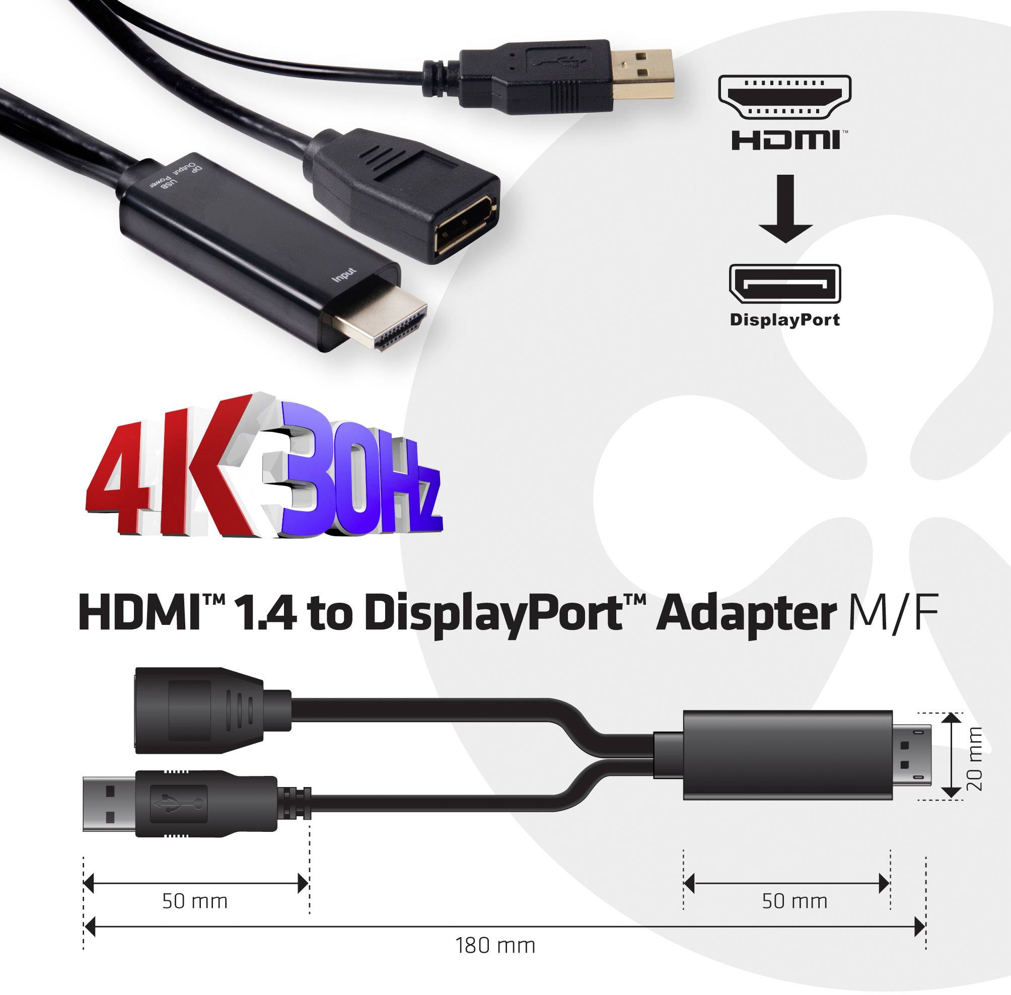 'HDMI 1.4 na DisplayPort adaptér M/F, 4K 30Hz.' Obrázek ukazuje adaptér z HDMI na DisplayPort s rozměry v milimetrech.