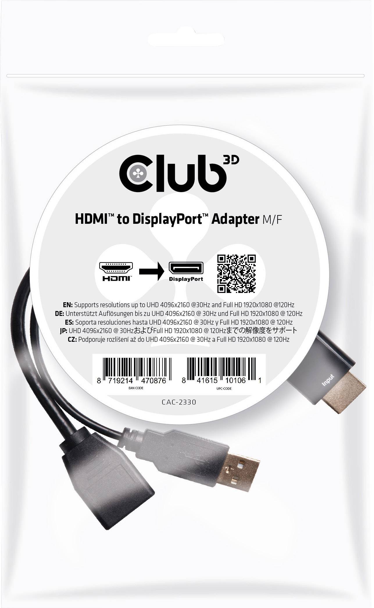 Adaptérové balení s nápisem: 'HDMI na DisplayPort adaptér M/F'. Zobrazuje kabel s HDMI a DisplayPort konektory, přítomen QR kód.