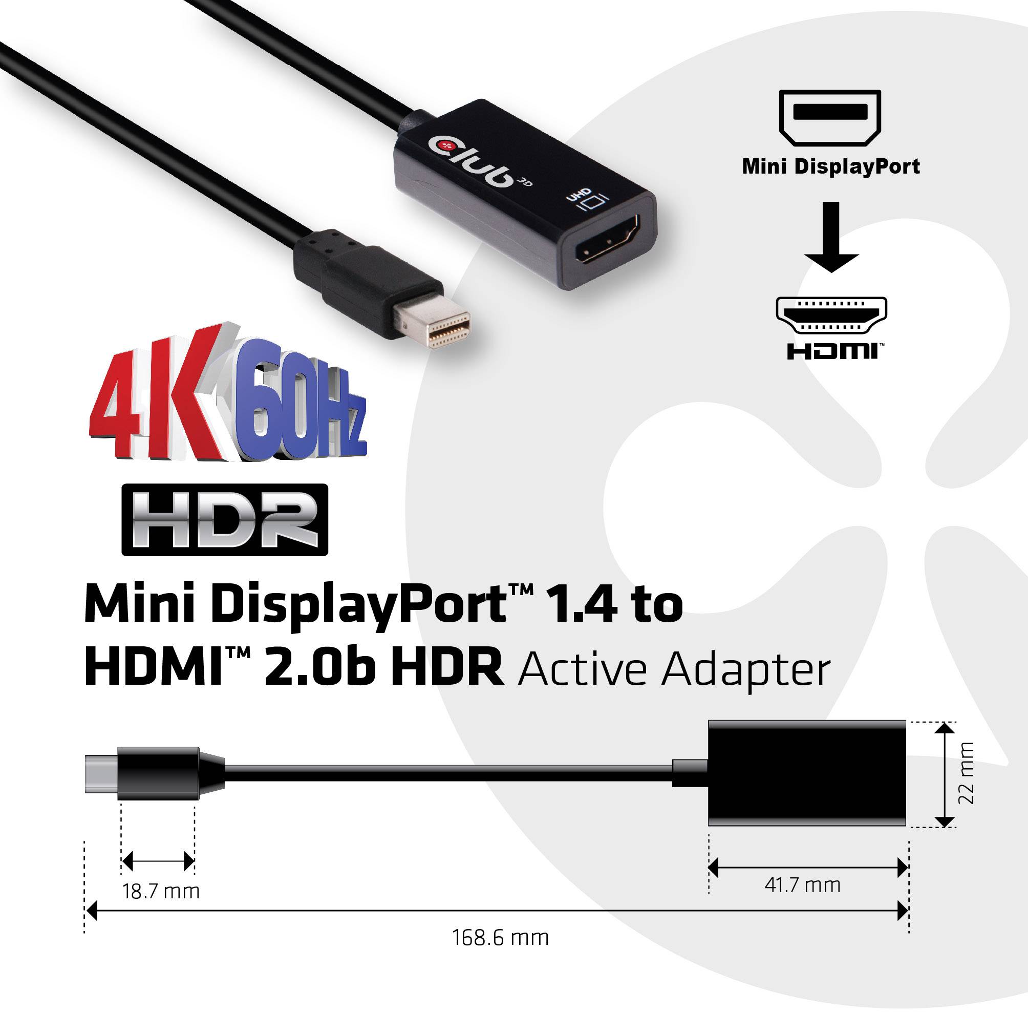 Adaptér Mini DisplayPort 1.4 na HDMI 2.0b HDR, 4K při 60 Hz, černý, s diagramem konfigurace kabelu a pohledem na připojení.