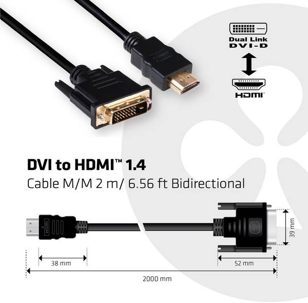 club3D DVI / HDMI kabelový adaptér DVI-D 24+1pol. Zástrčka, Zástrčka HDMI-A 2.00 m černá CAC-1210 samozhášecí DVI kabel