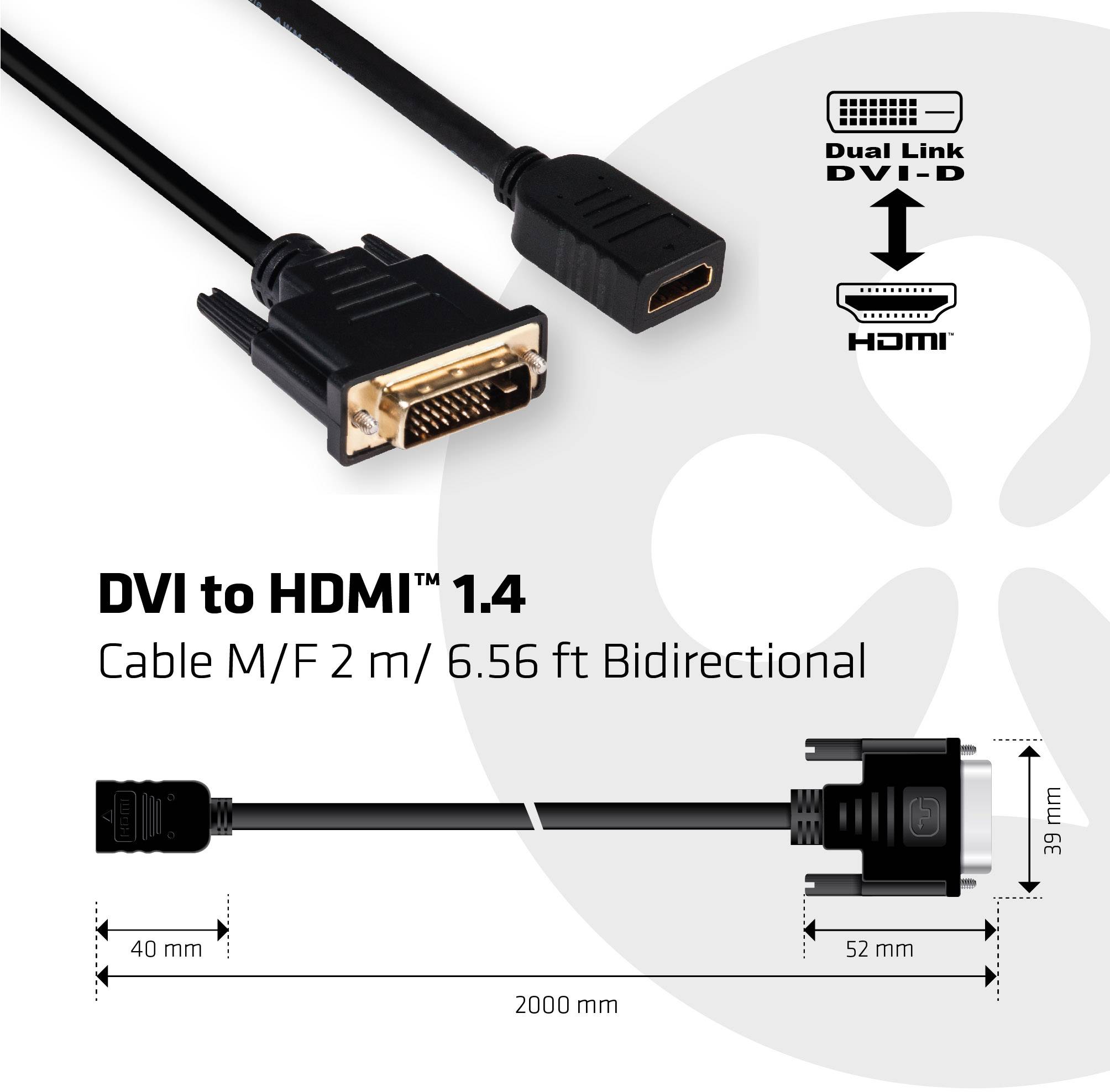 Obrázek zobrazuje DVI-HDMI kabel, dlouhý 2 m, obousměrný. Rozměry DVI konektoru: délka 52 mm, šířka 39 mm.