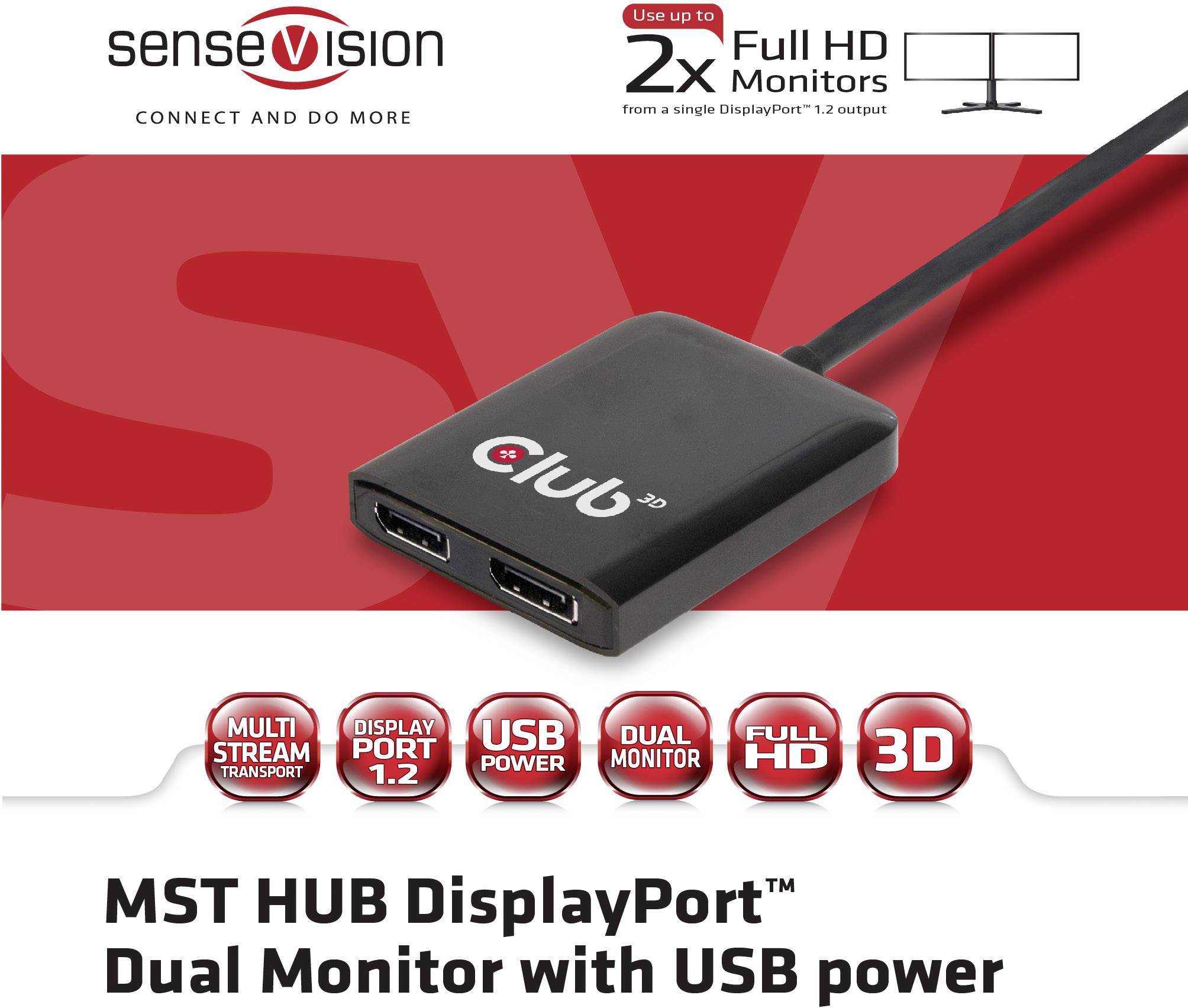 Rozbočovač MST HUB DisplayPort se dvěma porty a napájením přes USB ukazuje, že podporuje dva monitory Full HD z jednoho DisplayPort vstupu.