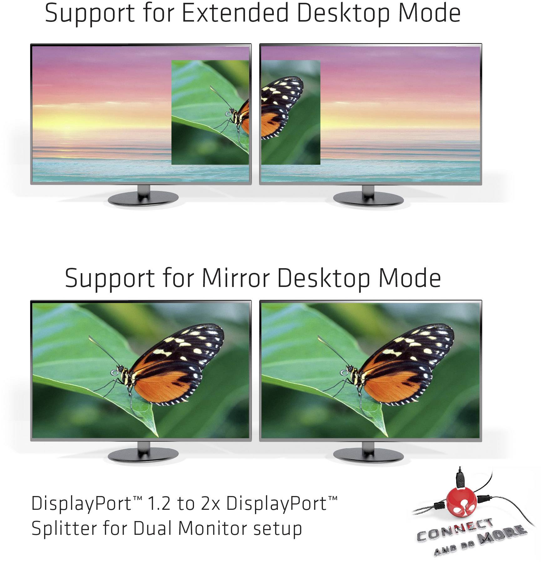Dva monitory zobrazují v horním obrázku rozšířený desktopový režim, v dolním obrázku zrcadlový režim. Text: 'DisplayPort™ 1.2 na 2x DisplayPort™ Splitter pro nastavení duálního monitoru'.
