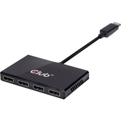 Černý DisplayPort hub se třemi HDMI výstupy a DisplayPort kabelem, vhodný pro připojení několika monitorů.