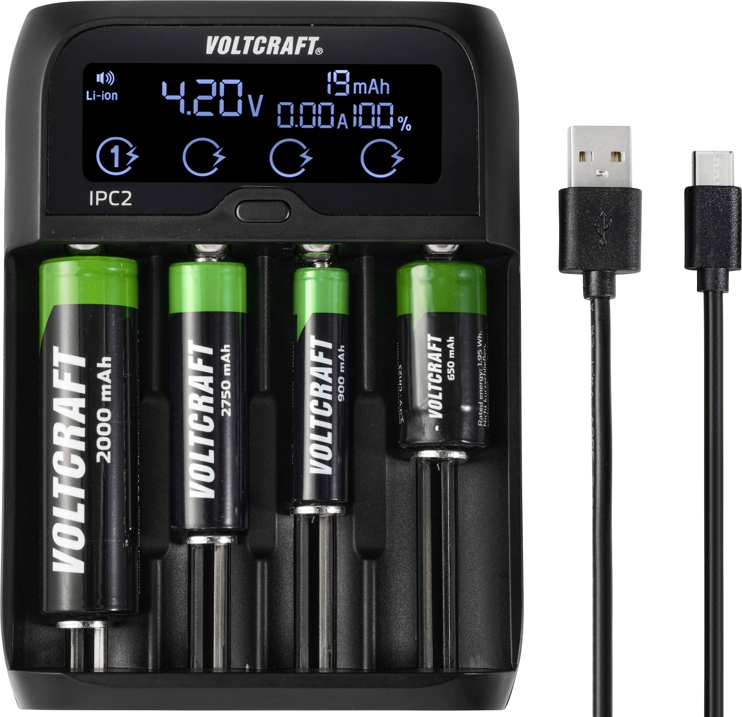 Nabíječka se čtyřmi AA bateriemi, displej zobrazuje "Li-ion 4,20V", "19mA", "0,00A", vedle USB kabel. Kapacity baterií: 2000 mAh, 2500 mAh.