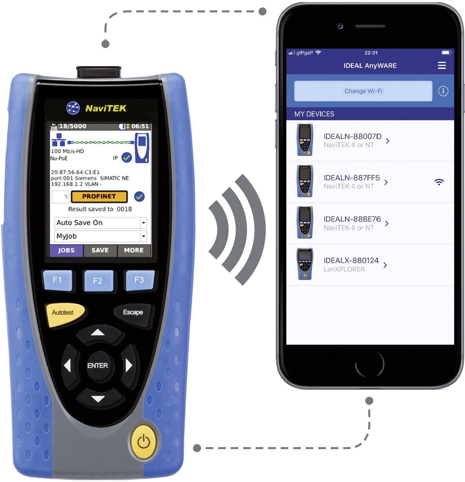 Tester kabelů zobrazuje testovací protokol s datem a časem. Vedle něj je smartphone, který přes Wi-Fi ukazuje připojená zařízení.