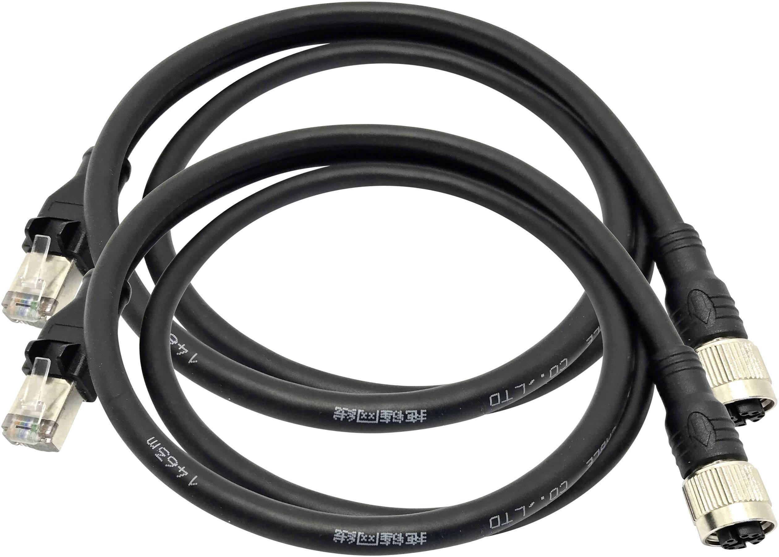 Jeden pár černých kabelů, jeden s konektorem RJ45 a druhý s konektorem BNC. Jsou stočené do smyček a umístěné vedle sebe.