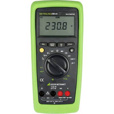 Multimetr se zeleným rámečkem zobrazující na displeji 'AC 230,8'. Různé měřicí funkce a tlačítka pod displejem.