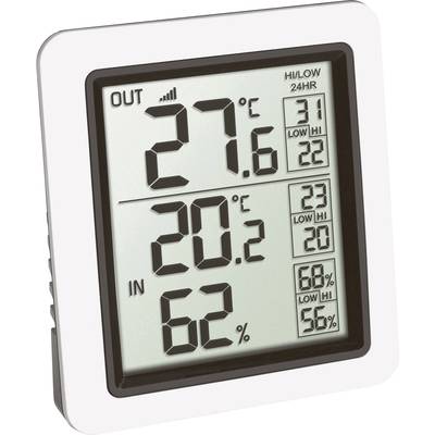 Elektronický termo-hygrometr ukazuje venkovní teplotu 27,6°C, vnitřní teplotu 20,2°C a vnitřní vlhkost vzduchu 62 %.