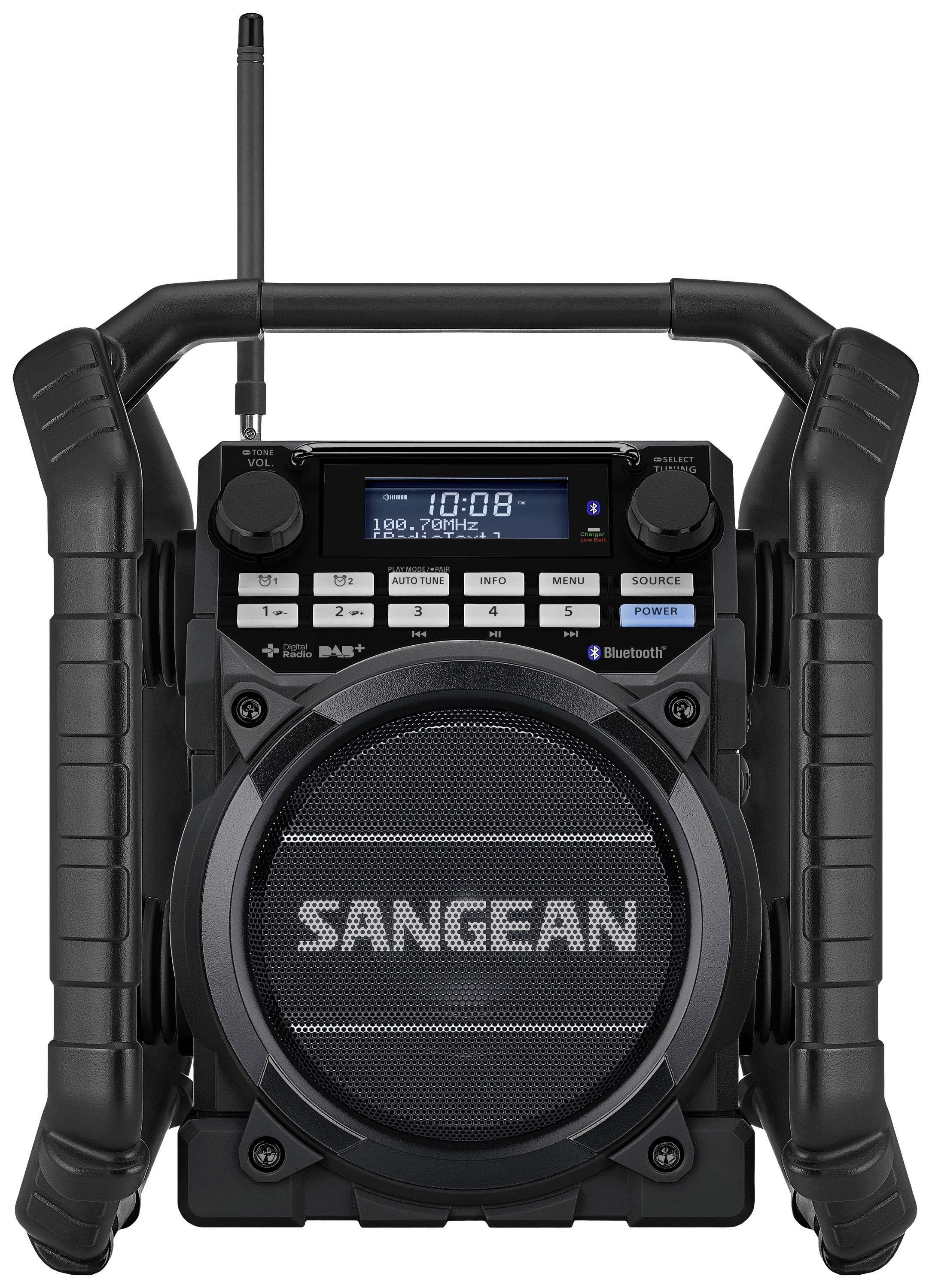 Přenosné černošedé rádio s velkým reproduktorem, sklopnou anténou a digitálním displejem s hodinami a funkcí Bluetooth.