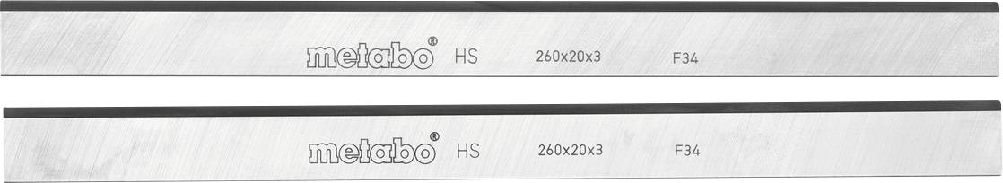 Dvě kovové pilové listy označené metabo HS 260x20x3 F34, zobrazené horizontálně na sobě naskládané.