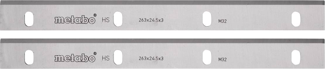 Dva kartáčované kovové pásky označené metabo HS se drážkovými otvory a rozměry 263x24.5x3 a M32, zobrazené jedna nad druhou.