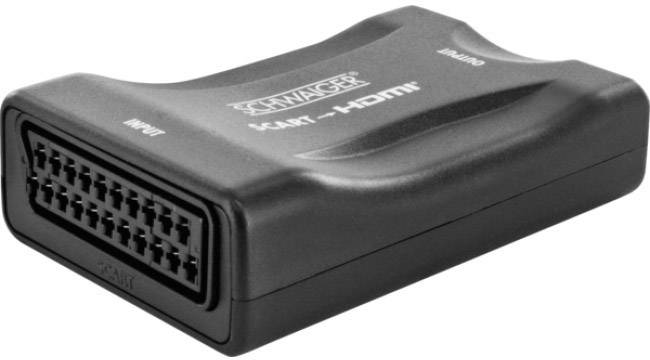Adaptér s nápisem 'SCART - HDMI', který převádí SCART konektor na HDMI, na bílém pozadí.