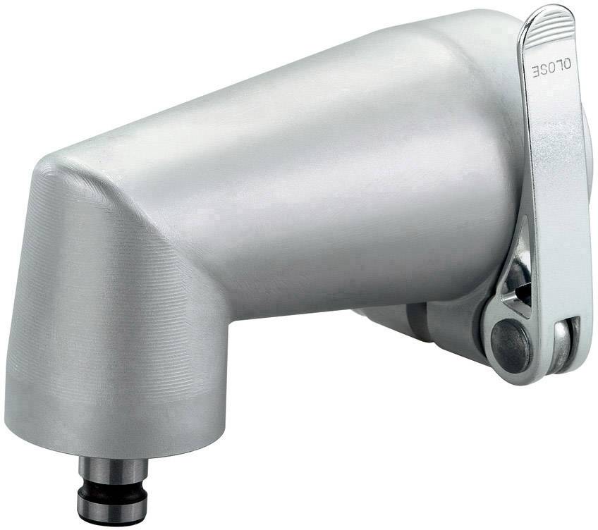 Stříbrný otočný a sklápěcí uzávěr válcovitého tvaru, používaný pro řízení výstupů kapalin nebo plynů.