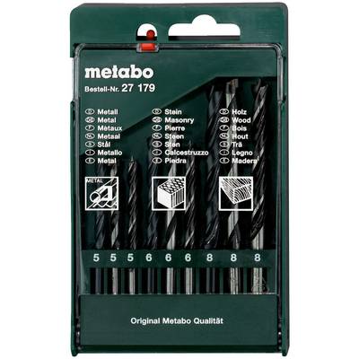 Sada vrtáků 'Metabo' s 8 vrtáky pro kov, kámen a dřevo. Velikosti 3 až 8 mm. Balení zobrazuje symboly pro typy vrtáků a materiály.