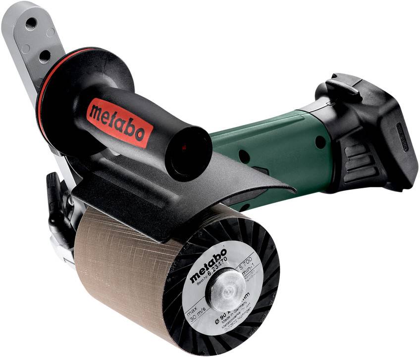 Přenosný Metabo elektrický nástroj s válcovým brusným bubnem a bočním madlem, zobrazen isolovaně na bílém pozadí.
