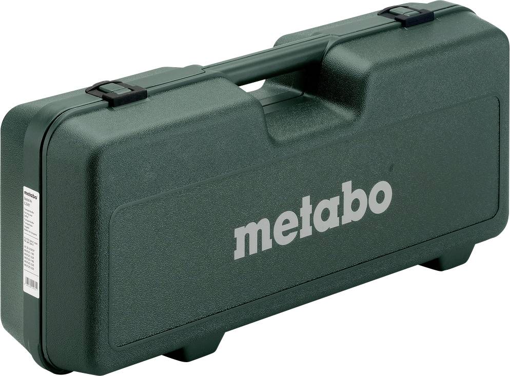 Tmavě zelený plastový přepravní kufr Metabo s rukojetí a zámky, zobrazený zavřený na bílém pozadí.