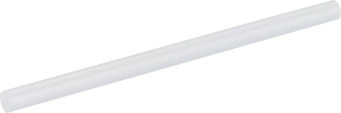 Průhledná bílá válcová tyč nebo trubka ležící diagonálně na jednoduché světlém pozadí.