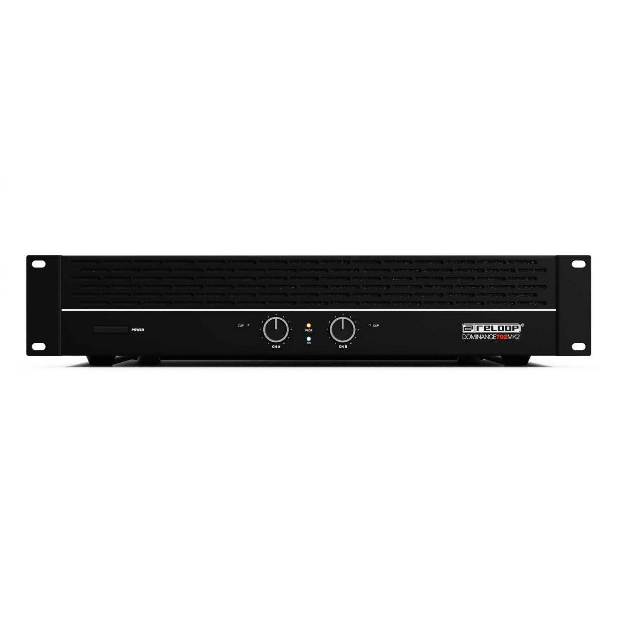 Černý audiovzesilovač značky 'Reloop' v rack designu, model 'Dominance 2002'. Jsou viditelné dva otočné ovladače a stavové kontrolky.