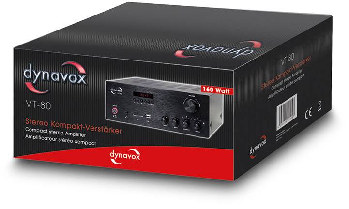 Černý karton s potiskem 'dynavox VT-80 Stereo kompaktní zesilovač'. Zobrazuje obrázek zesilovače. Detaily: 160 wattů výkonu.