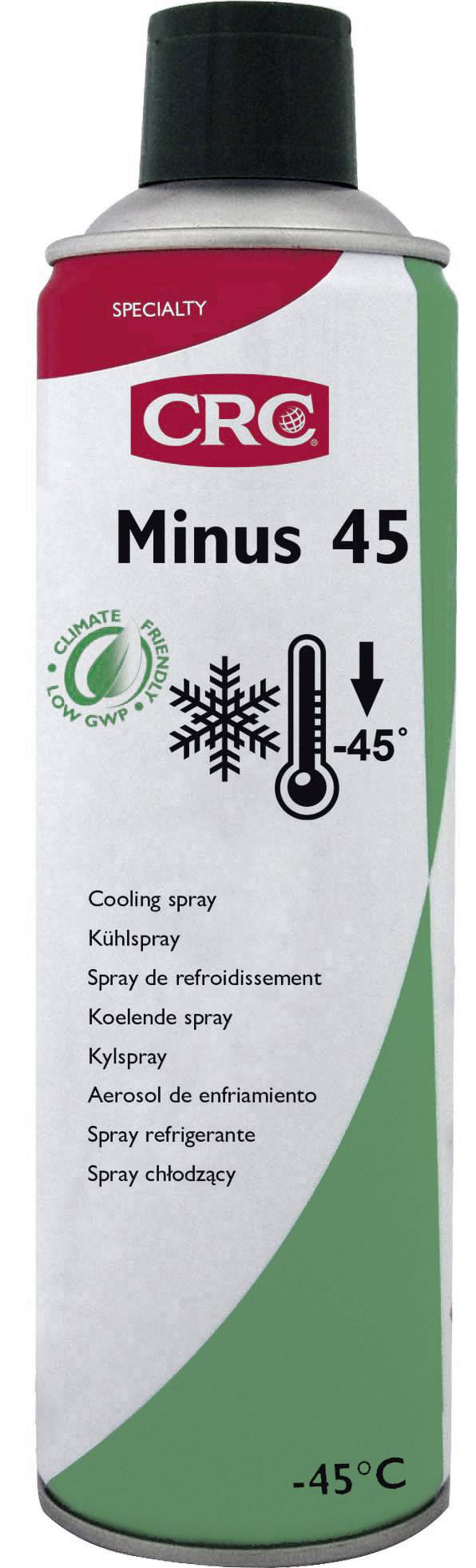 Sprej s nápisem 'Minus 45', zobrazující symbol sněhové vločky a teploměru. Obsahuje chladicí sprej v různých jazycích.