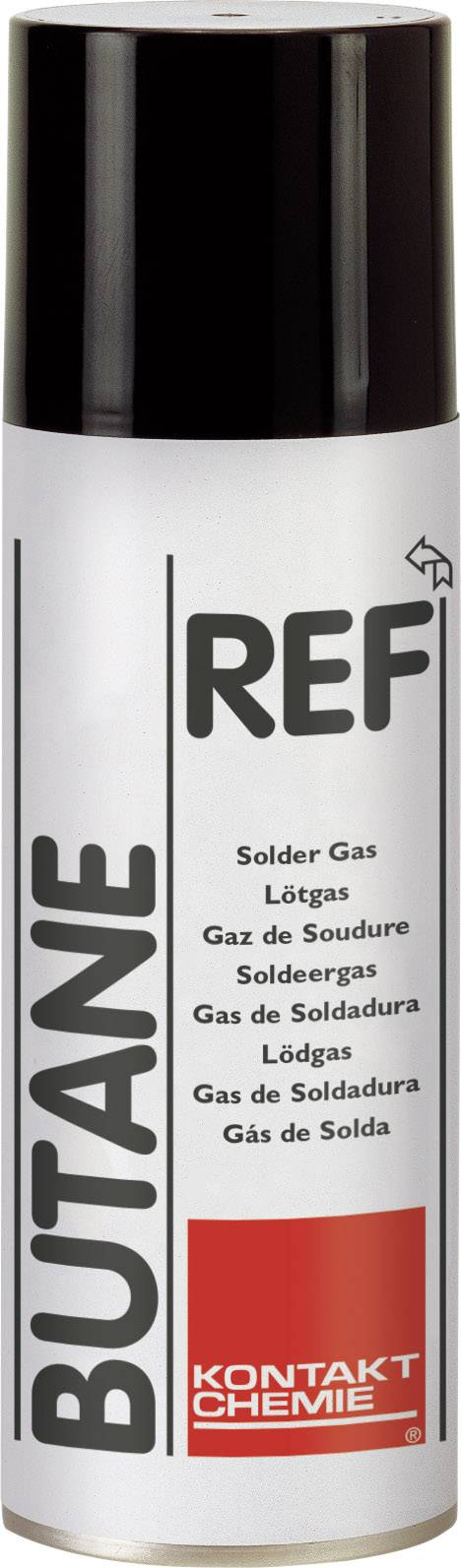 Sprej s nápisem 'BUTANE REF', obsahující svařovací plyn od společnosti Kontakt Chemie.